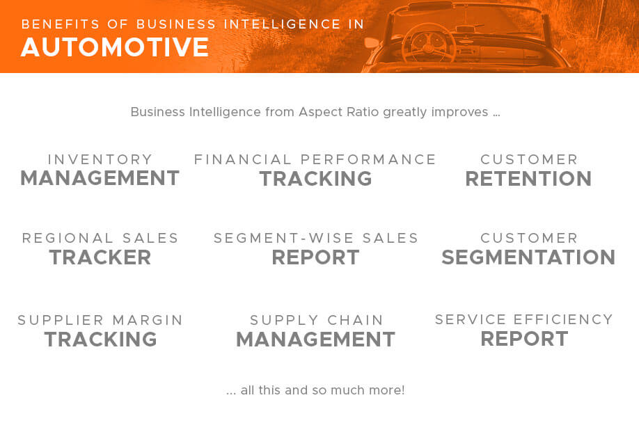 Service Efficiency Report, Supply Chain Management, Customer Segmentation, Customer Retention, Supplier Margin Tracking, Regional Sales Tracker, Inventory Management, Financial Performance Tracking, and Segment-wise Sales Report are some of the benefits, uses, and advantages of Business Intelligence from Aspect Ratio in Automobiles and Automotive
