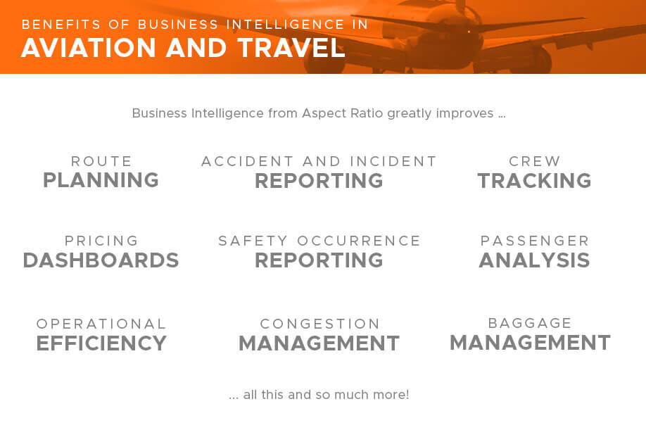 Operational Efficiency, Congestion Management, Route Planning, Safety Occurrence Reporting, Accident and Incident Reporting, Pricing Dashboards, Baggage Management, Passenger KPI, and Crew KPI are some of the benefits, uses, and advantages of Business Intelligence from Aspect Ratio in Aviation and Travel