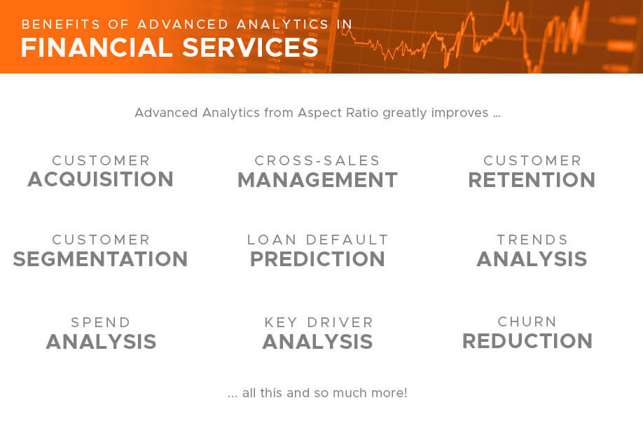 Customer Acquisition, Customer Retention, Customer Segmentation, Cross-Sales Management, Loan Default Prediction, Trends Analysis, Spend Analysis, Churn Reduction, and Key Driver Analysis are some of the benefits, uses, and advantages of Advanced Analytics from Aspect Ratio in Banking and Non-Banking Financial Services