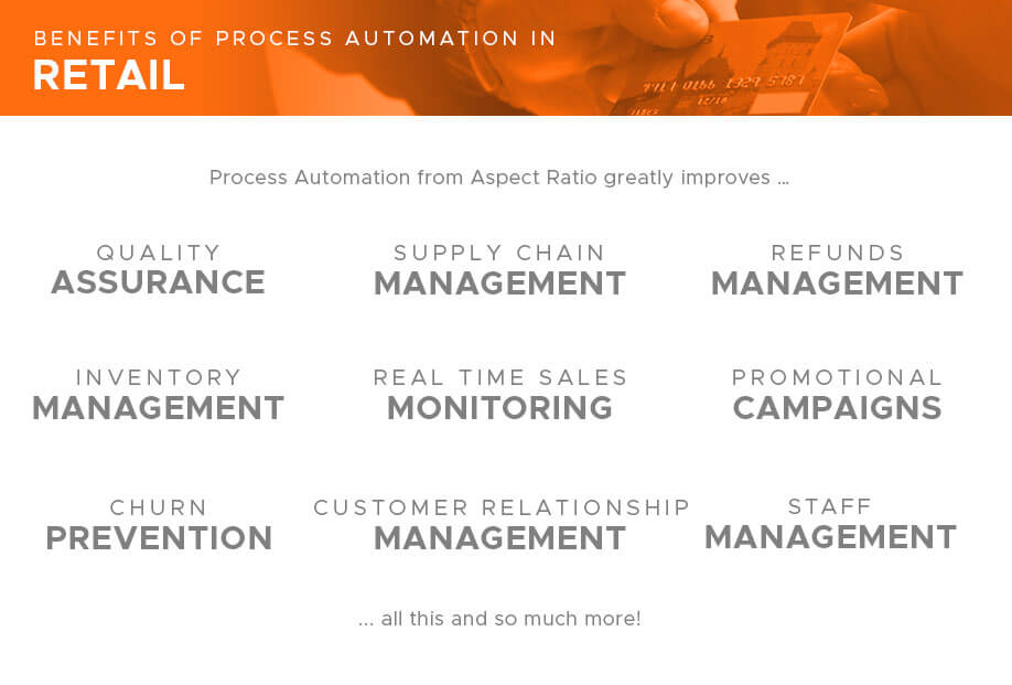 Real Time Sales Monitoring, Quality Assurance, Staff Management, Refunds Management, Supply, Chain Management, Inventory Management, Customer Relationship Management, Promotional Campaigns, and Churn Prevention are some of the benefits, uses, and advantages of Business Process Automation in Retail, Merchandising, and Sales